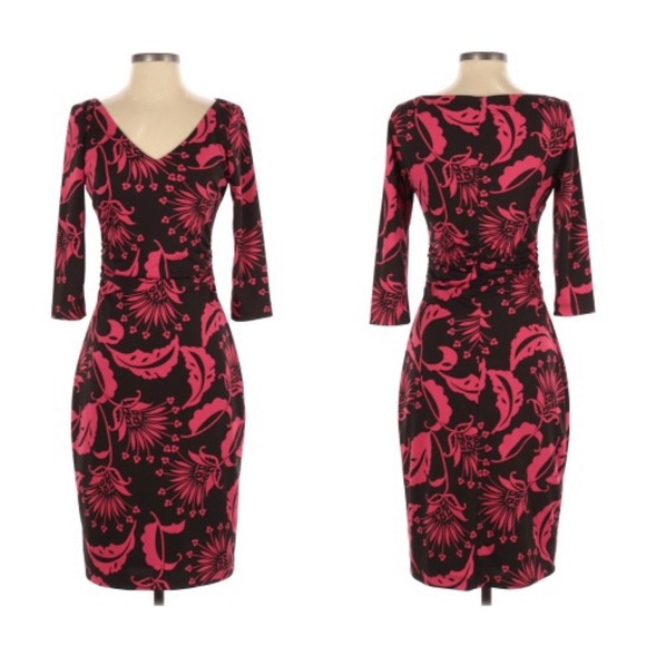 David Meister Red Black 3/4 Sleeve Floral Ruched Sheath Dress Sz 2 - Picture 1 of 7
